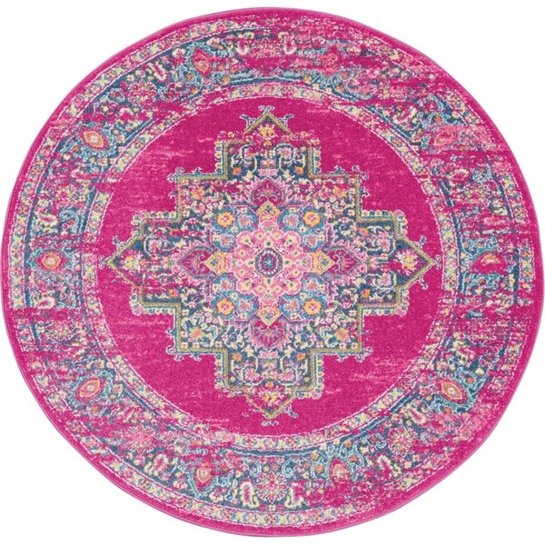 Homeroots 4 ft. Round Fuchsia & Blue Distressed Area Rug 385261 - main
